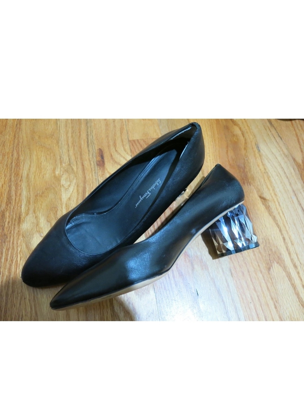 Salvatore Ferragamo Black Pumps with Faceted Clear Block Heel - Women's Heels 11